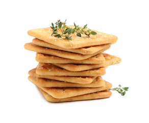 Tasty salty crackers with thyme isolated on white