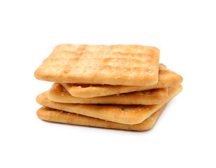 Stack of tasty salty crackers isolated on white