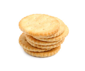 Stack of tasty salty crackers isolated on white
