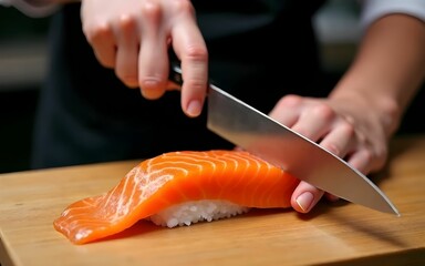 Improper hand placement when slicing sushi can result in injury.