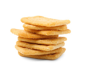 Stack of tasty salty crackers isolated on white