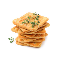 Tasty salty crackers with thyme isolated on white