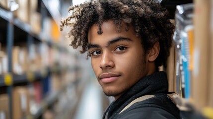 Young Warehouse Worker Portrait with Inventory, and Logistics.