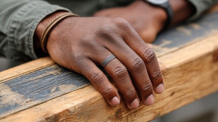 Close up of dark hands resting on wood manual labor imagery