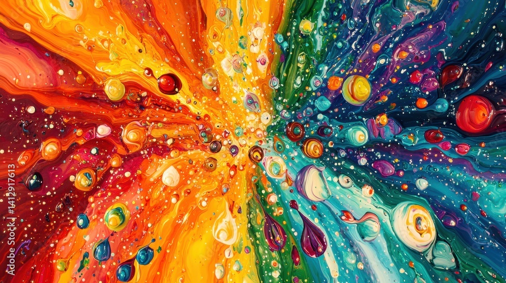 Poster an explosion of vibrant colors creates an abstract swirl resembling a cosmic scene. splashes of pain