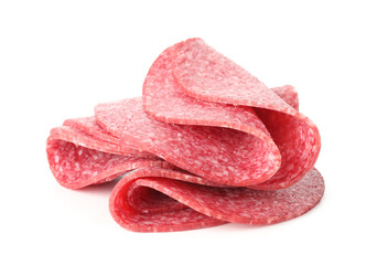 Slices of tasty smoked sausage isolated on white