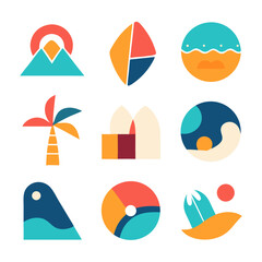 Vibrant summer vacation icons celebrating sun, sea, and sand with a playful geometric style and bold color palette.