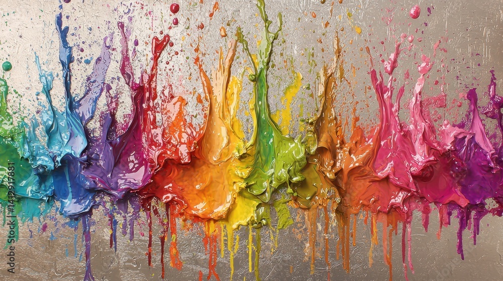 Poster bright splashes of paint in various colors create a dynamic visual effect against a shiny metallic b
