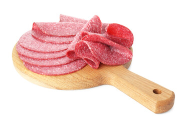 Slices of tasty smoked sausage isolated on white