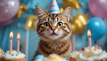Cute Cat Wearing Birthday Hat with Cupcakes
