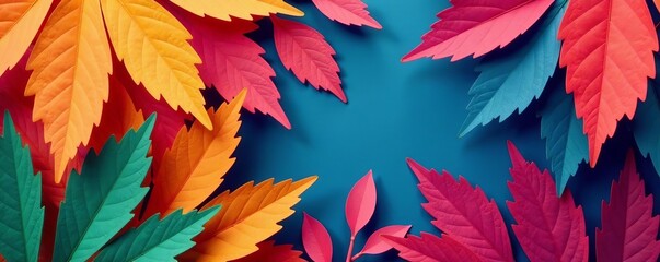 Beautiful abstract art of vibrant colorful paper leaves in portrait layout, nature, artwork