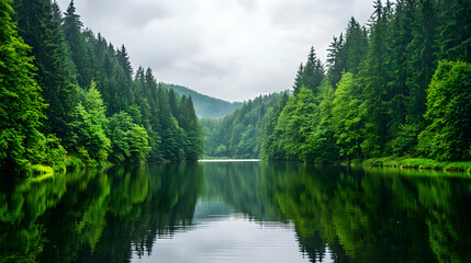 Serene Forest River Landscape With Reflection