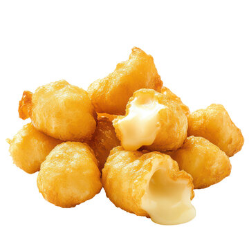 Handful of golden fried cheese curds with crispy texture on isolated transparent background
