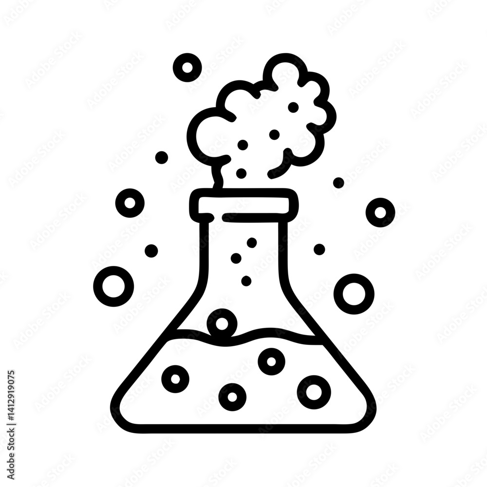 Poster science flask with foaming liquid in outline vector style