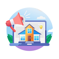 Laptop with house and megaphone in real estate marketing concept