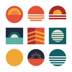 A vibrant collection of sunset and sunrise icons in bold geometric shapes and warm earthy tones, evoking feelings of peace and summer warmth.