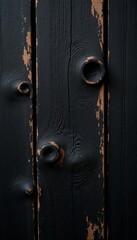 Close up of aged black wood with rough textures and knots, wooden, rustic