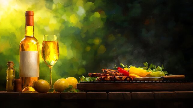 Wine, grill, lemon, and peppers, all together create a joyful summer feeling, on a sunny day
