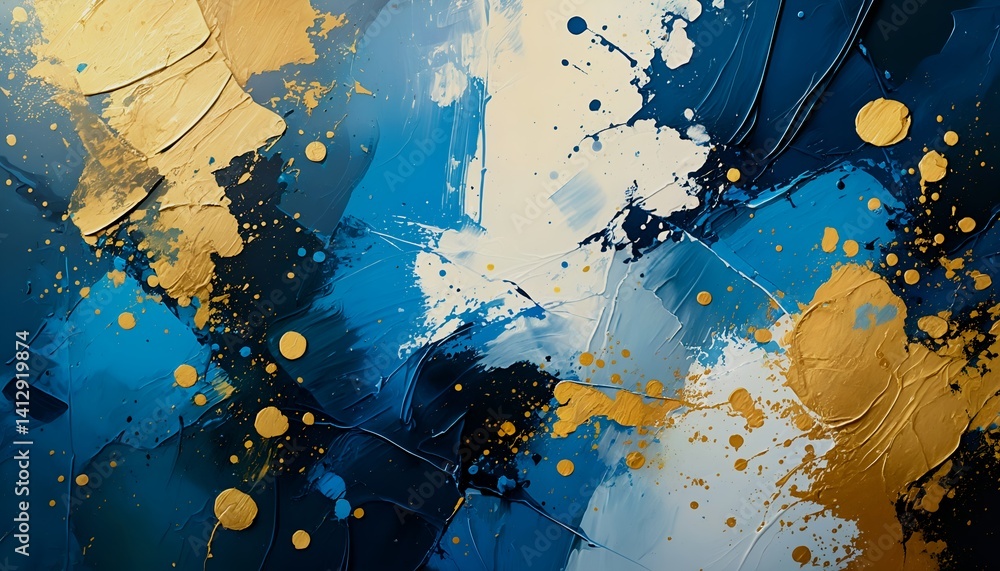 Poster an abstract expressionist painting features layered blues, whites, and gold tones with visible brush