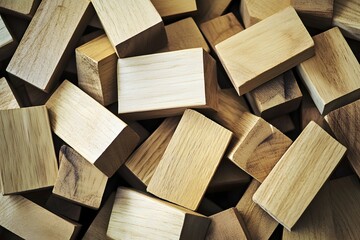 Pile of rectangular wooden blocks showing natural wood grain texture and color.