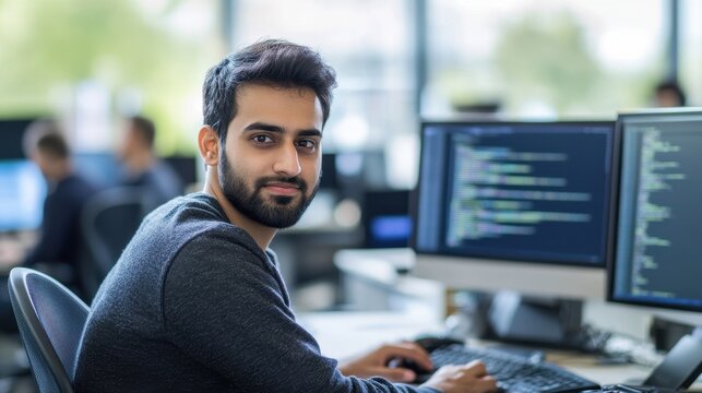 A portrait of a South Asian male software engineer working at his desk in an office. He appears focused and engaged in coding, showcasing a modern workspace.