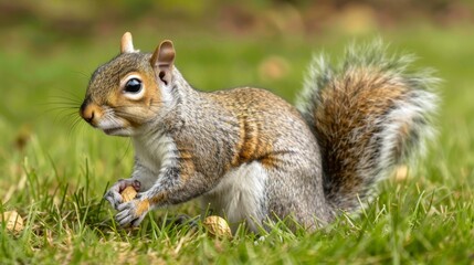 Fototapeta premium A eastern gray squirrel sneaks peanuts from a bird feeder in a Northumberland garden.