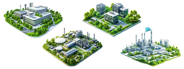 Set of modern industrial factory buildings with greenery, isolated on transparent background