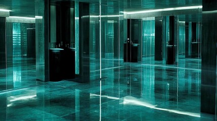 Intricate, mirrored interior. Teal tones and polished surfaces