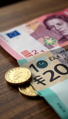 Close-up of Australian banknotes and coins on wooden table, money saving concept, banknotes, coins