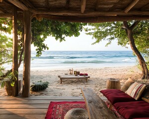 Obraz premium Serene beach view from a cozy wooden shelter.