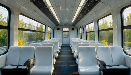 Naklejka premium a pristine and empty train car interior showcases rows of white leather seats framed by large windows revealing lush greenery outside.
