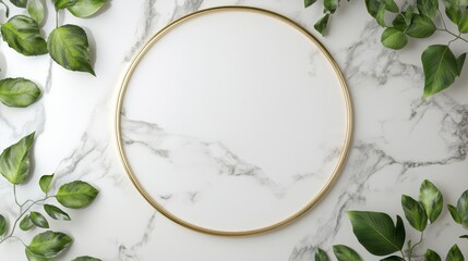 A beauty cosmetics product presentation is showcased in a flat lay mockup scene on a white marble table with a white circle shape and copy space, illuminated by trendy sunlight from the top view