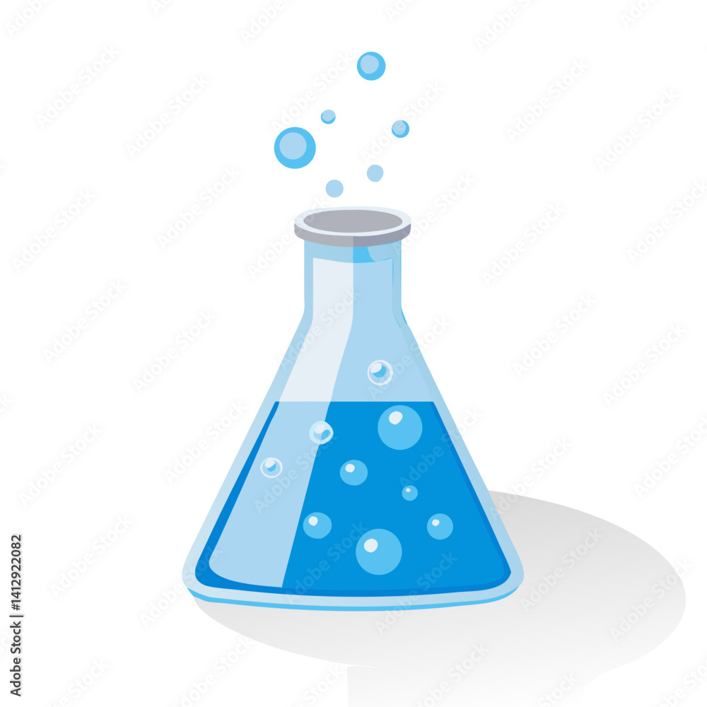 Poster blue laboratory flask with bubbles in cartoon vector style