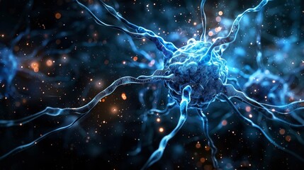 A stunning abstract image resembling a neuron structure, exploding in blue hues against a dark black background.