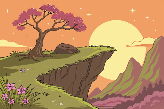 31 Fantasy landscape, cliff edge, lush green grass, vibrant orange sky, giant yellow sun, rocky mountains, pink flowers, sparkling stars, magical atmosphere, cartoon style, vivid colors, serene scener