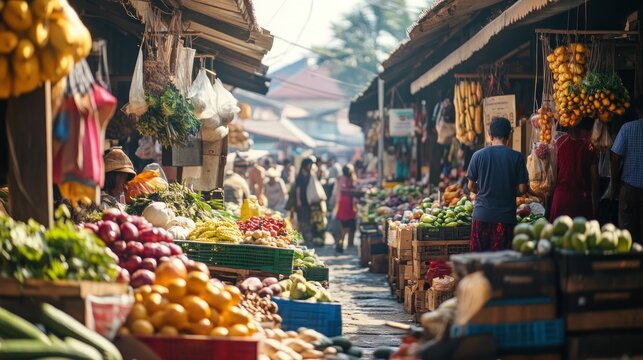 Busy Asian Market Street Scene
