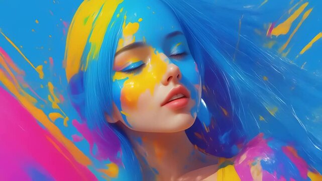 Young woman with blue hair surrounded by vibrant paint splashes, eyes closed, experiencing artistic expression through color and movement.