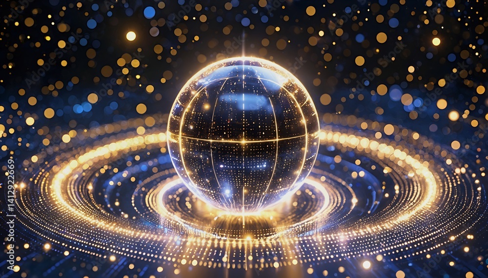 Poster a glowing spherical globe surrounded by concentric rings of golden particles floats within a dark, s