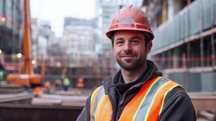 Fototapeta premium A portrait of a young European male construction worker wearing a hard hat and safety vest, smiling confidently on a busy construction site, showcasing professionalism and workforce spirit.