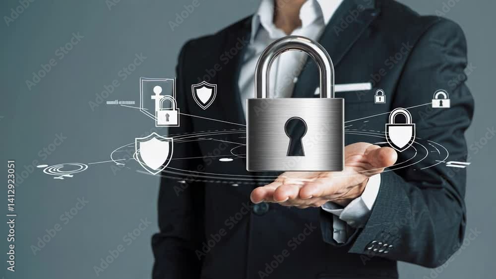 Poster Cybersecurity concept with businessman presenting a secure lock icon, surrounded by digital security symbols, emphasizing data protection and secure login