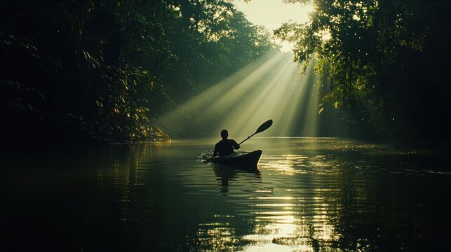 Kayaker in Sunlight-drenched Jungle River