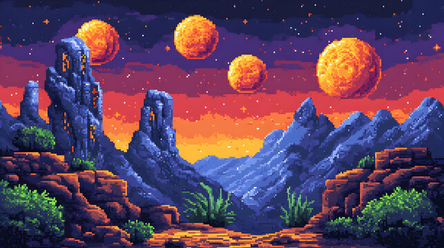 Pixel Art Landscape of Rocky Mountains with Orange Sunset Sky Stars and Floating Planets in a Fantasy Themed Digital Art Style