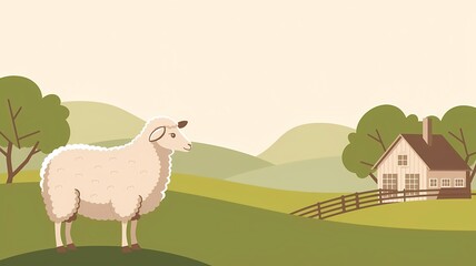 Fototapeta premium A tranquil countryside scene featuring a sheep, a house, and rolling hills, evoking a sense of peace and rural life.