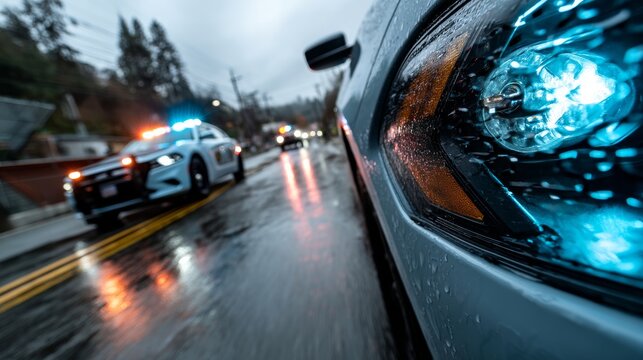 Police Chase on Rainy Streets of Los Angeles Featuring High-Performance Vehicles