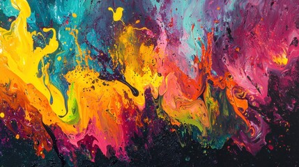 An abstract artwork features a burst of vibrant colors blending seamlessly, showcasing dynamic swirls and splashes. The vivid hues create an energetic atmosphere full of expression