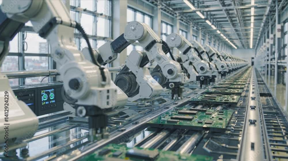 Poster row of industrial robotic arms assembling circuit boards on automated production line in modern fact