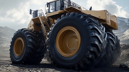 Obraz premium Gigantic earthmover vehicle on rugged terrain displaying mechanical power