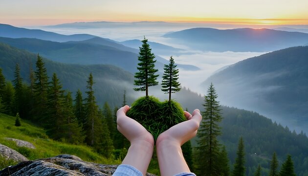 a pair of hands gently cradles a small patch of moss and young evergreen trees against a breathtaking backdrop of layered, mist-filled mountains at dawn.