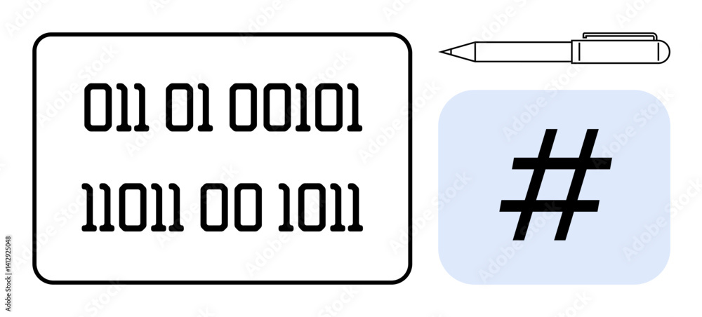 Poster binary code inside a rectangle, a pen, and a metadata tag in a blue square emphasizing digital innov