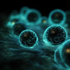 Close-Up of Bioluminescent Algae Network, Glowing Cyan Patterns in Water, Highly Detailed Macro Photography, Mysterious Atmosphere with Soft Light Reflection and Shallow Focus